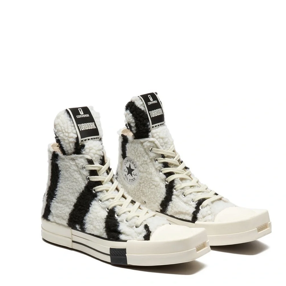 Rick Owens DRKSHDW x Converse TURBODRK White Shearling High-Top Zebra Sneakers - Picture 1 of 9